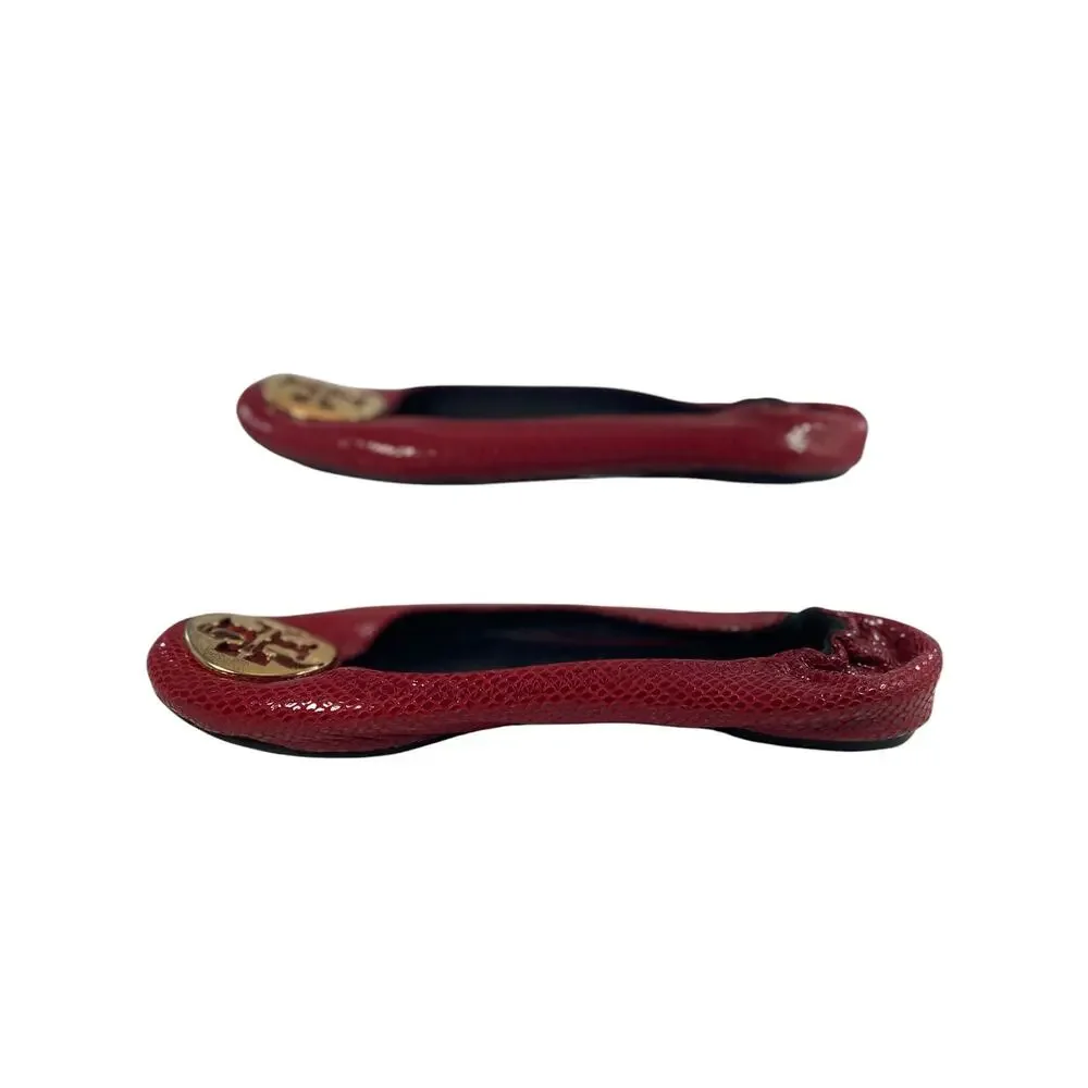 Tory Burch Red Snakeskin Reva Ballet Flats Gold Logo Medallion Elastic Size 10M